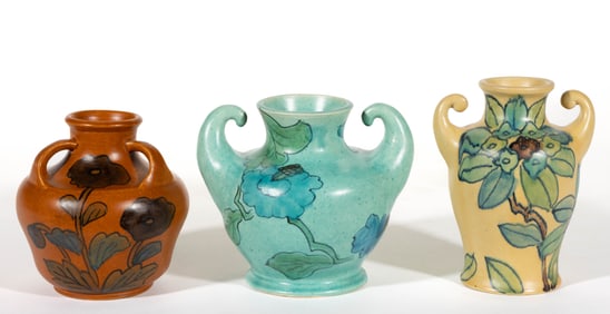 JAPANESE AWAJI POTTERY FLORAL MOTIF VASES, LOT OF THREE