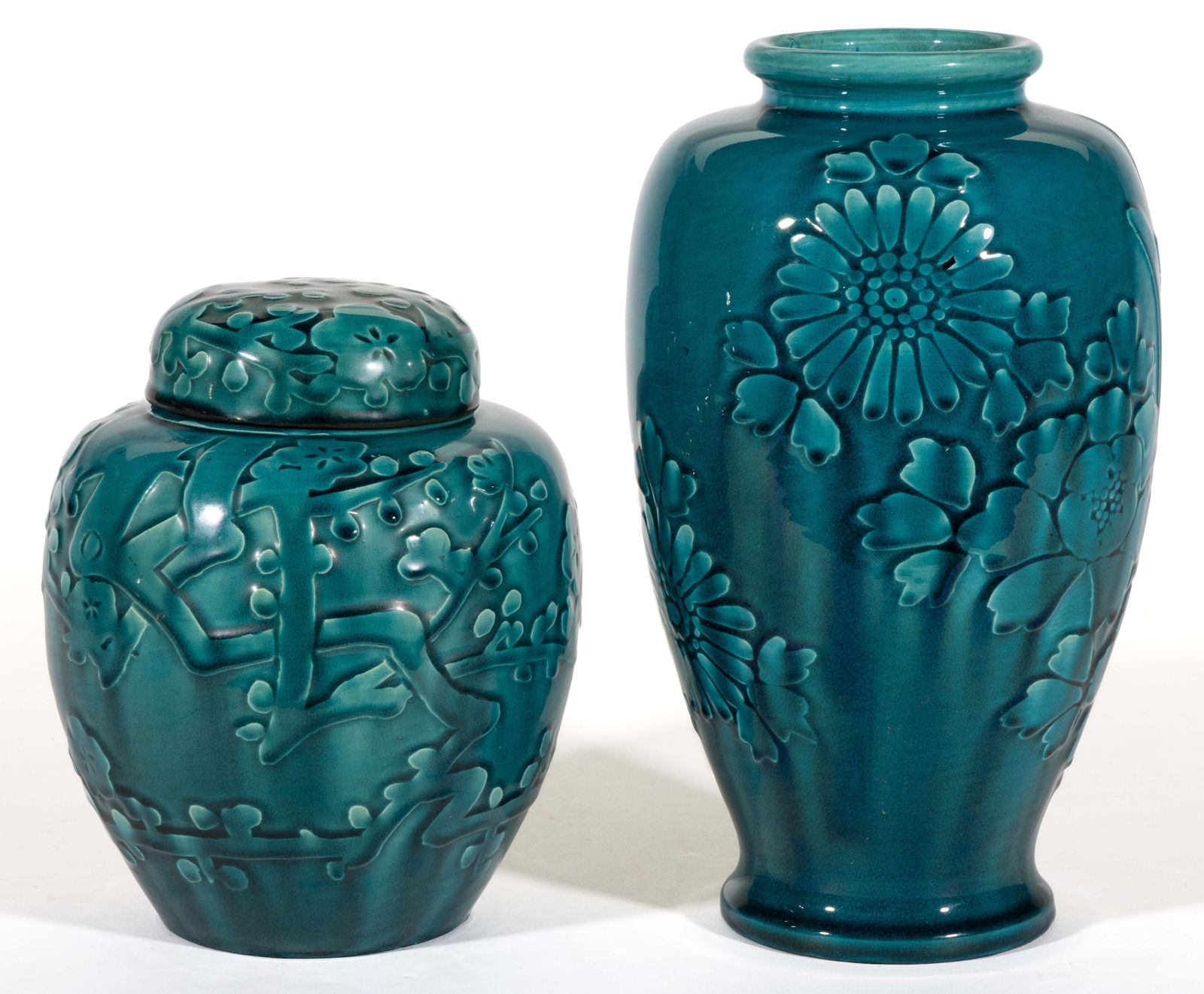 JAPANESE AWAJI POTTERY TEAL ARTICLES, LOT OF TWO: JAPANESE AWAJI POTTERY TEAL ARTICLES, LOT OF TWO, each having rich bluish green glaze with embossed floral decorations, comprising a covered ginger jar featuring flowering branches and a vase having l