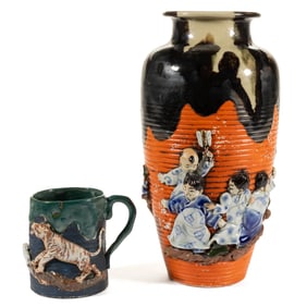 JAPANESE MEIJI PERIOD SUMIDA GAWA POTTERY ARTICLES, LOT OF TWO
