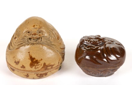 JAPANESE STONEWARE FIGURAL KOGO INCENSE BOXES, LOT OF TWO