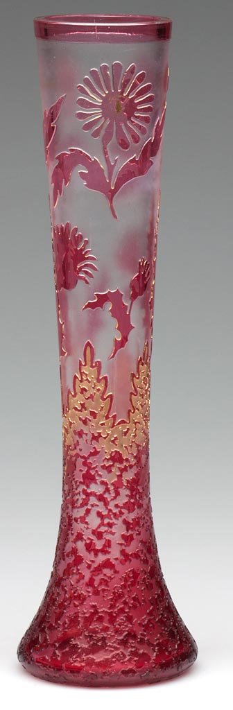 VAL ST. LAMBERT CAMEO GLASS VASE: VAL ST. LAMBERT CAMEO GLASS VASE, shaded rose to colorless with gilt highlights, acid-cut flower and leaf decorations, polished base signed "Val" in gilt. First quarter 20th century. 12" H. Provenance