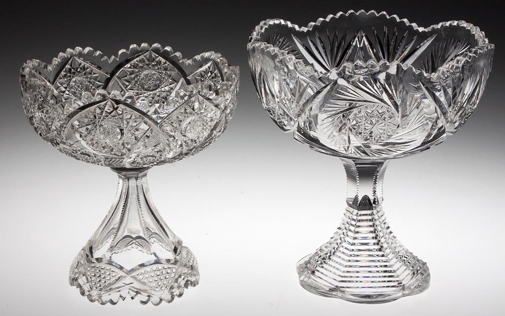 AMERICAN BRILLIANT CUT GLASS COMPOTES, LOT OF TWO: AMERICAN BRILLIANT CUT GLASS COMPOTES, LOT OF TWO, colorless, each high standard and with a serrated rim, comprising a J. D. Bergen "Golf" example and a hobstar with a notched-prism base pattern examp