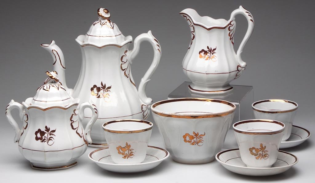 ENGLISH "MORNING GLORY" IRONSTONE PARTIAL COFFEE SERVIC: ENGLISH "MORNING GLORY" IRONSTONE PARTIAL COFFEE SERVICE, TEN PIECES, comprising a coffee pot, creamer, sugar bowl, waste bowl, three handless cups and three saucers, each with copper-luster decoratio
