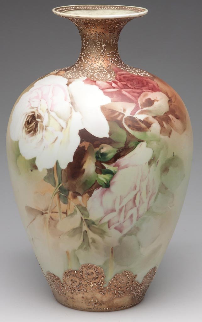 NIPPON FLORAL VASE: NIPPON FLORAL VASE, baluster form with an everted lip, hand painted with roses, blue maple leaf mark. First quarter 20th century. 11" H. Provenance: From the Rudolph Evers estate collection, Bridgewat