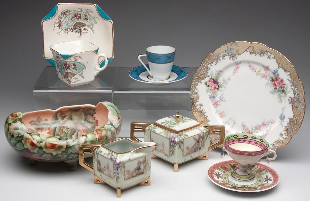 ASSORTED DECORATED CERAMIC ARTICLES, LOT OF TEN: ASSORTED DECORATED CERAMIC ARTICLES, LOT OF TEN, including a Czechoslovakia hand-painted cupped bowl with artist's signature, a Nippon creamer and sugar, a Sampson & Bridgman cup and saucer with tromp