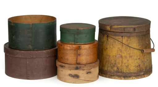 AMERICAN TREEN PANTRY BOXES AND FIRKIN, LOT OF SIX