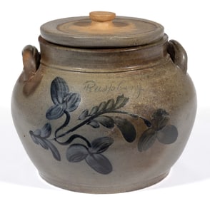 COFFMAN FAMILY, ROCKINGHAM CO., SHENANDOAH VALLEY OF VIRGINIA DECORATED STONEWARE "RASPBERY" SQUAT