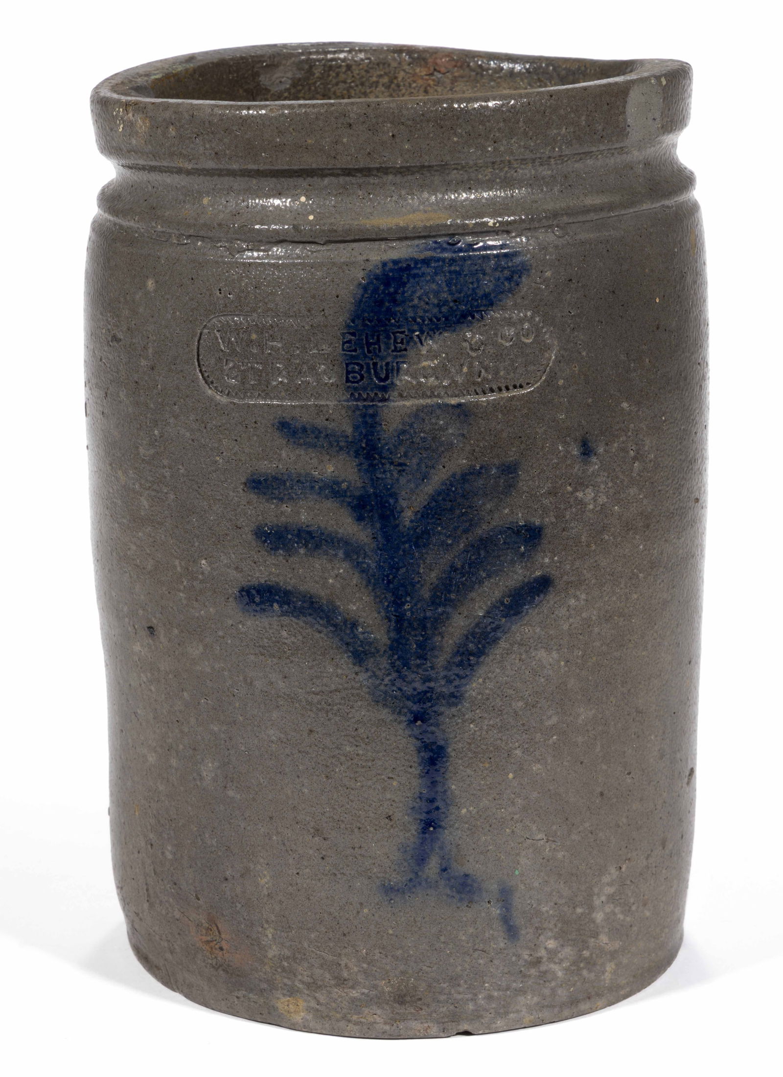 STAMPED "W.H. LEHEW & CO / STRASBURG, VA", SHENANDOAH VALLEY OF VIRGINIA DECORATED STONEWARE JAR: STAMPED "W.H. LEHEW & CO / STRASBURG, VA", SHENANDOAH VALLEY OF VIRGINIA DECORATED STONEWARE JAR, salt-glazed, approximately half-gallon capacity, cylindrical form with squared rim.
