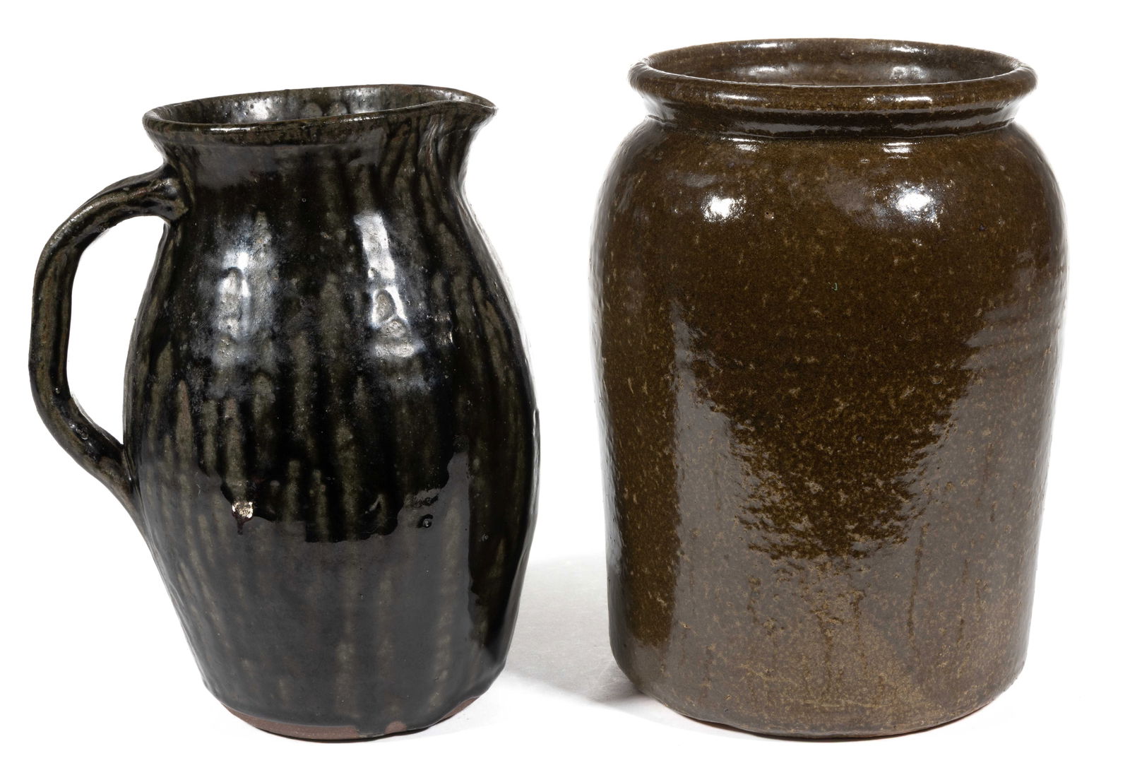 SIGNED "MEADERS" FAMILY, GEORGIA STONEWARE KITCHEN ARTICLES, LOT OF TWO: SIGNED "MEADERS" FAMILY, GEORGIA STONEWARE KITCHEN ARTICLES, LOT OF TWO, alkaline-glazed, comprising a cylindrical-form jar with galleried rim, incised "Lanier / Meaders" to u