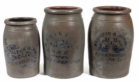 WESTERN PENNSYLVANIA STENCILED STONEWARE JARS, LOT OF THREE