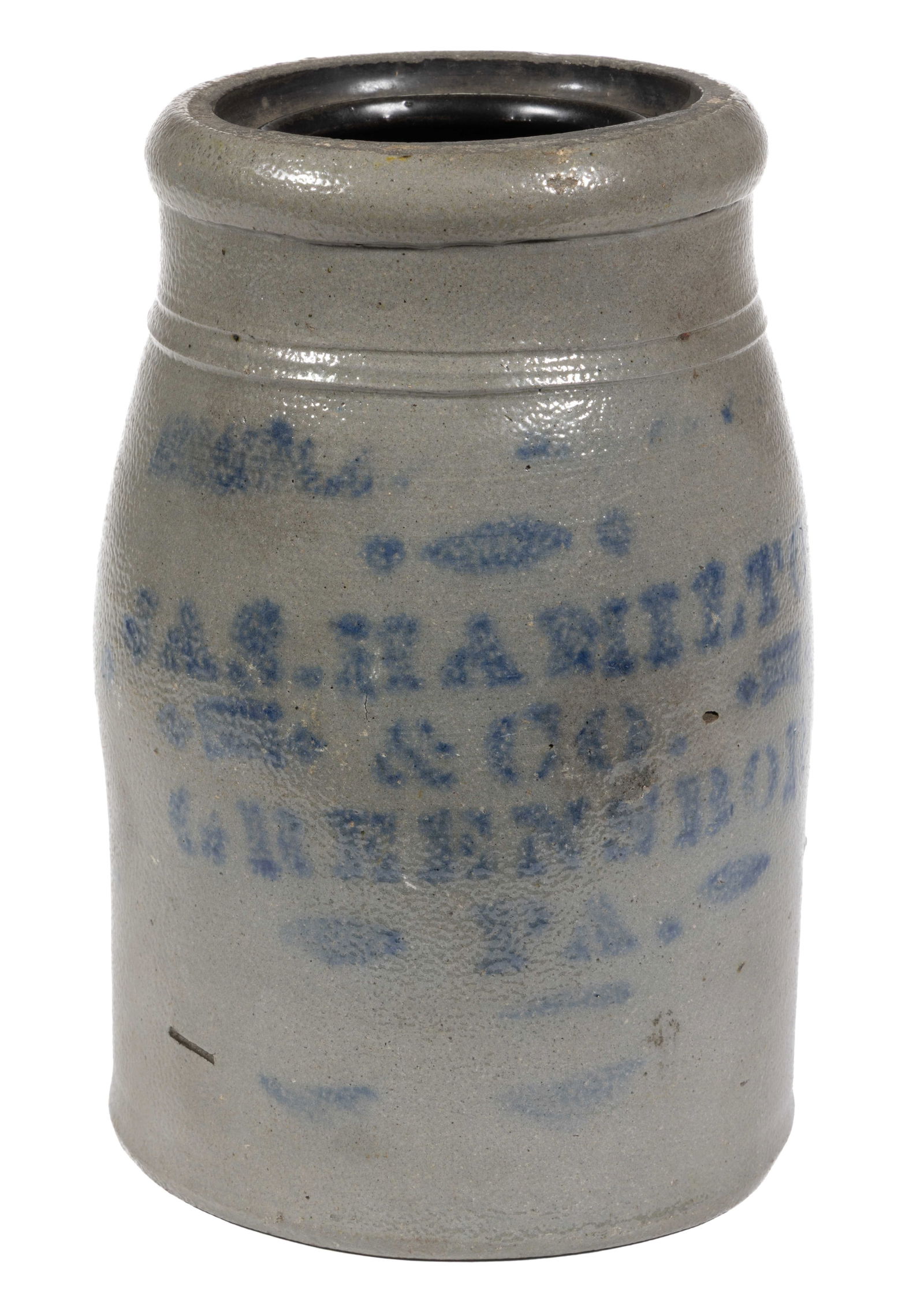 WESTERN PENNSYLVANIA STENCILED STONEWARE CANNER: WESTERN PENNSYLVANIA STENCILED STONEWARE CANNER, salt-glazed, approximately half-gallon capacity, cylindrical form with slight shoulder, grooved wax-seal rim, and Albany-slip glazed interior. Ste