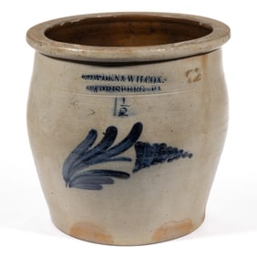 STAMPED "COWDEN & WILCOX. / HARRISBURG PA", PENNSYLVANIA DECORATED STONEWARE CROCK