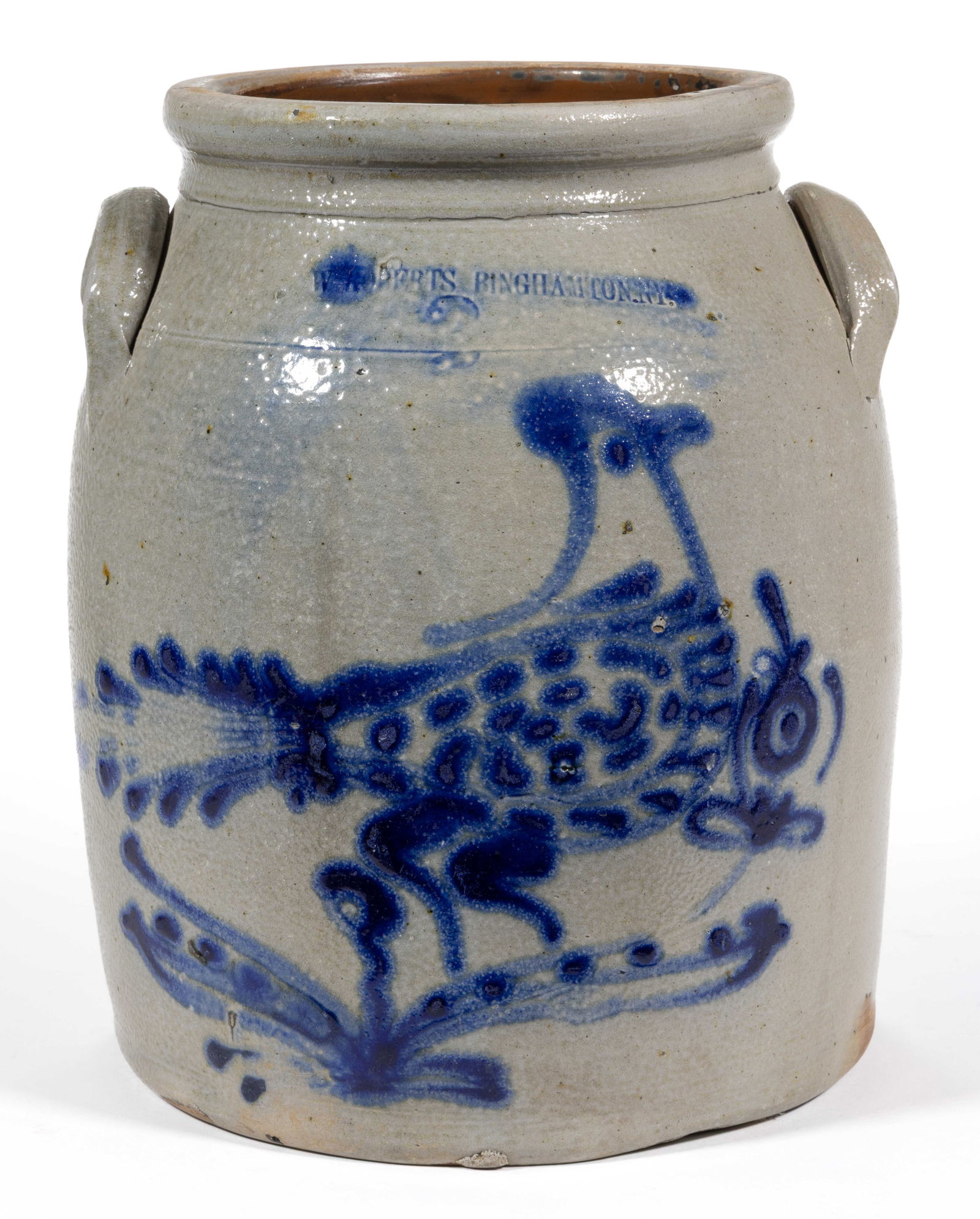 STAMPED "W. ROBERTS BINGHAMTON. NY.", NEW YORK DECORATED STONEWARE JAR: STAMPED "W. ROBERTS BINGHAMTON. NY.", NEW YORK DECORATED STONEWARE JAR, salt-glazed, "2" gallon capacity mark, cylindrical form with slight shoulder, flat-top rounded rim, app