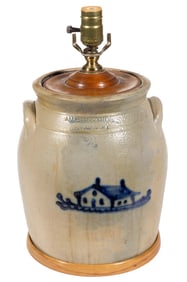 STAMPED "A.O. WHITTEMORE. / HAVANA. N.Y.", NEW YORK DECORATED STONEWARE JAR ELECTRIC TABLE LAMP