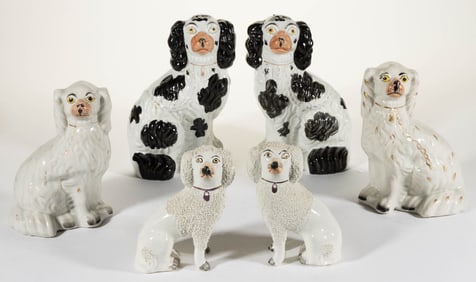 ENGLISH STAFFORDSHIRE HAND-PAINTED CERAMIC DOG PAIRS, LOT OF THREE