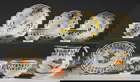 BRITISH PEARLWARE HAND-PAINTED FLORAL MOTIF CERAMIC CHILDREN'S AND OTHER DIMINUTIVE ARTICLES, LOT OF: BRITISH PEARLWARE HAND-PAINTED FLORAL MOTIF CERAMIC CHILDREN'S AND OTHER DIMINUTIVE ARTICLES, LOT OF SEVEN, each having bold polychrome designs, comprising two examples with yellow flower and