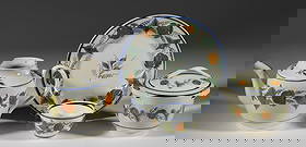 BRITISH PEARLWARE HAND-PAINTED STRAWBERRY MOTIF CERAMIC TEA ARTICLES, LOT OF FOUR: BRITISH PEARLWARE HAND-PAINTED STRAWBERRY MOTIF CERAMIC TEA ARTICLES, LOT OF FOUR, each having polychrome decorations featuring plump brownish yellow strawberries on a foliated vine with blue banded r