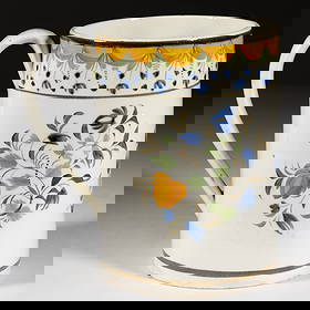 BRITISH PEARLWARE HAND-PAINTED FLORAL MOTIF CERAMIC MUG / TANKARD: BRITISH PEARLWARE HAND-PAINTED FLORAL MOTIF CERAMIC MUG / TANKARD, cylindrical form, having charming polychrome decorations featuring three flower bunches to body and dropped flower and swag design be