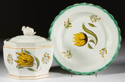 BRITISH PEARLWARE HAND-PAINTED FLORAL MOTIF CERAMIC TEA AND TABLE ARTICLES, LOT OF TWO