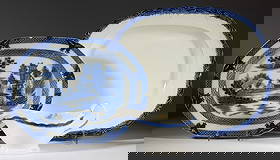 ENGLISH BLUE-DECORATED CERAMIC TABLE ARTICLES, LOT OF THREE: ENGLISH BLUE-DECORATED CERAMIC TABLE ARTICLES, LOT OF THREE, comprising a pearlware 12 1/2" x 9 1/2" transfer-printed platter having Chinoiserie Buffalo/Boy or Buffalo pattern, two shel