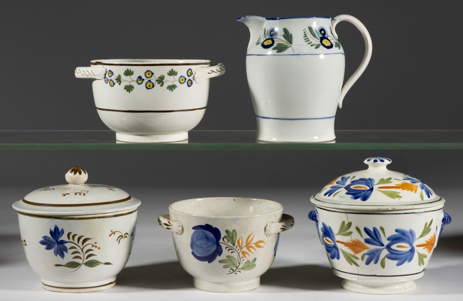 BRITISH PEARLWARE HAND-PAINTED FLORAL MOTIF CERAMIC TEA ARTICLES, LOT OF FIVE (1 of 2)