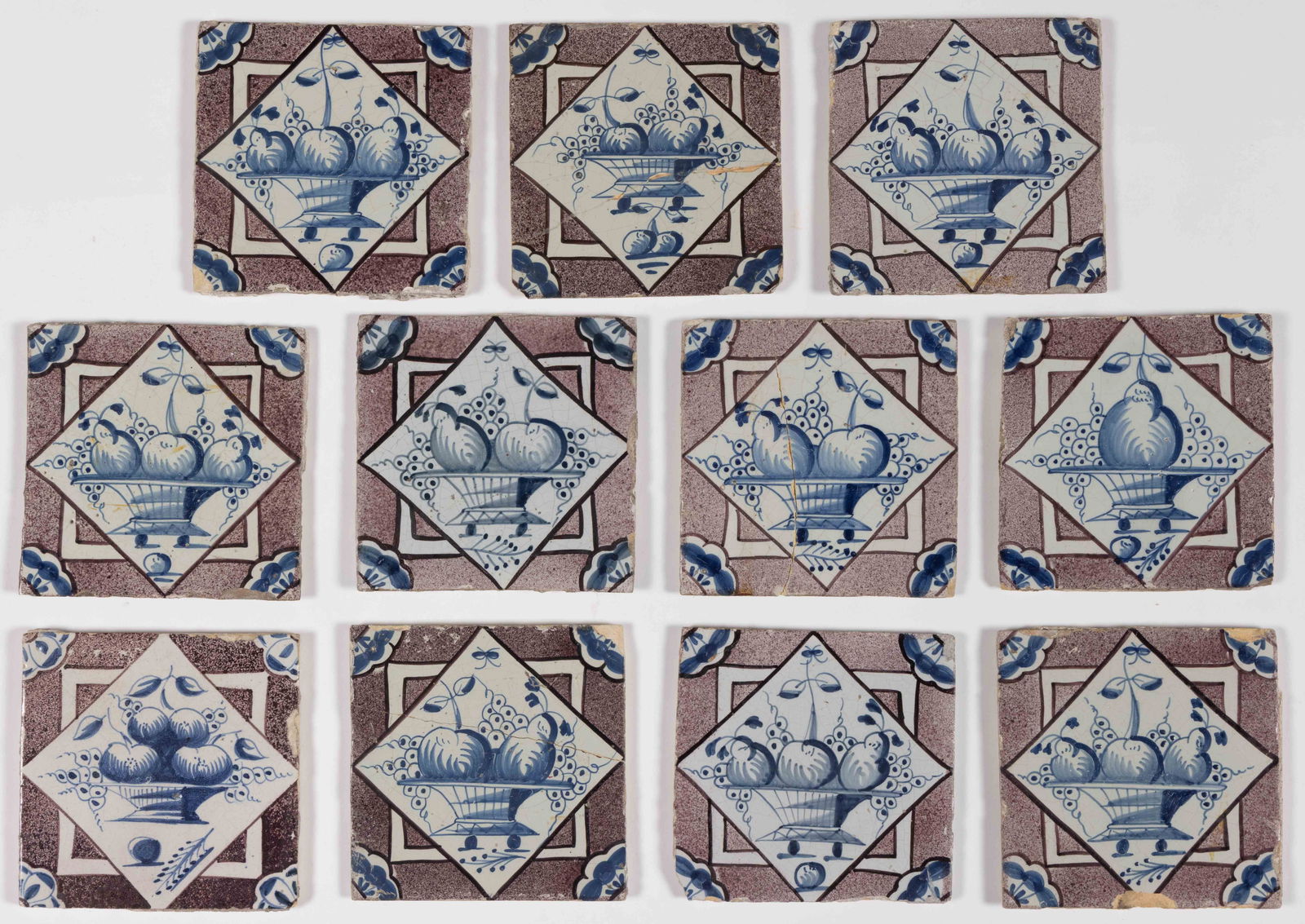 ENGLISH DELFT TIN-GLAZED HAND-PAINTED EARTHENWARE TILES, SET OF 11 (1 of 2)