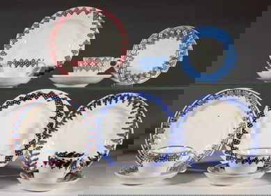 ASSORTED STICK SPATTER CERAMIC CHILDREN'S THREE-PIECE CUP AND SAUCER SETS, LOT OF FIVE