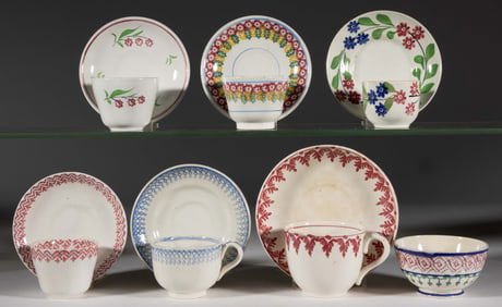 ASSORTED STICK SPATTER CERAMIC CUP AND SAUCER SETS, LOT OF SIX