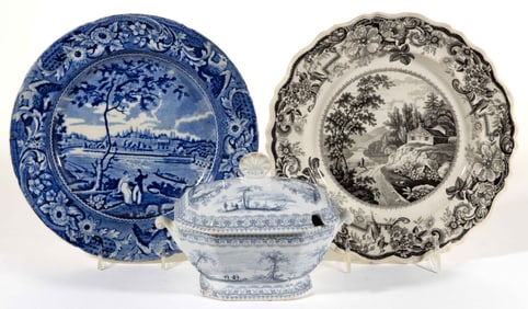 ENGLISH STAFFORDSHIRE TRANSFER-PRINTED AMERICAN VIEWS CERAMIC TABLE ARTICLES, LOT OF THREE