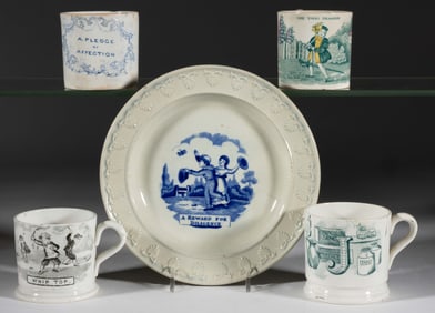 BRITISH TRANSFER-PRINTED CERAMIC CHILDREN'S ARTICLES, LOT OF FIVE