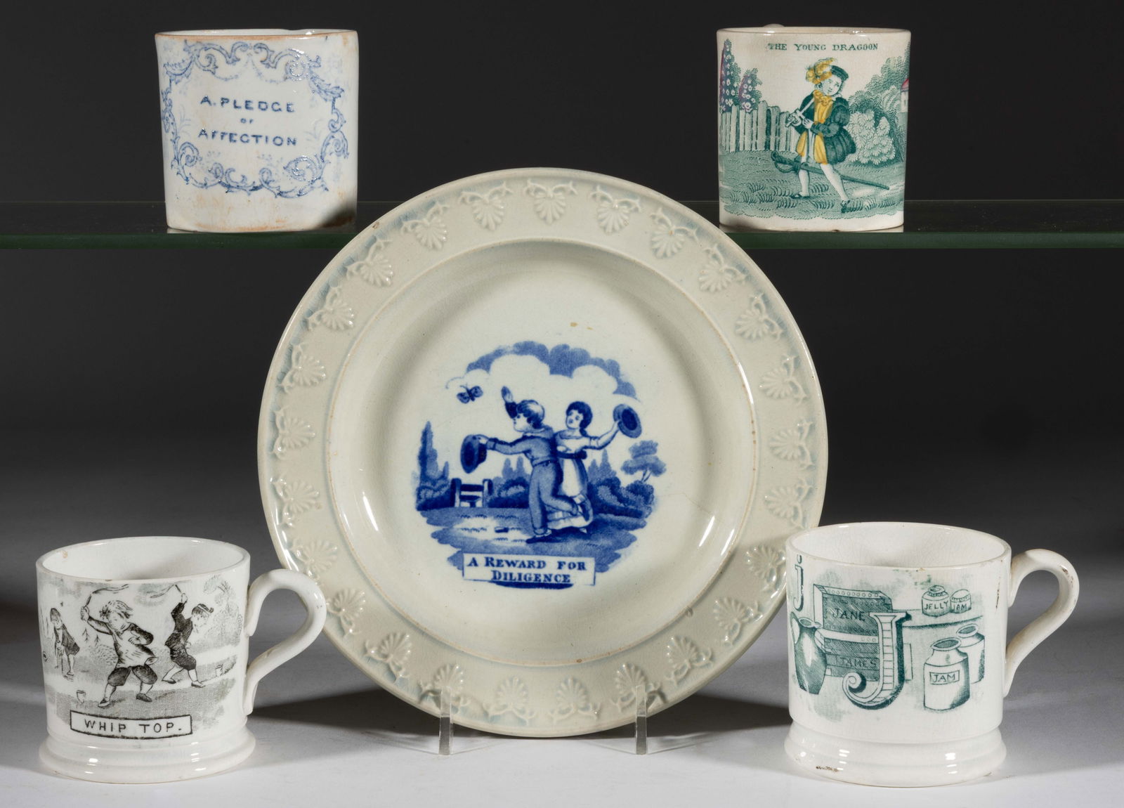 BRITISH TRANSFER-PRINTED CERAMIC CHILDREN'S ARTICLES, LOT OF FIVE (1 of 2)