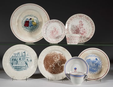 ENGLISH STAFFORDSHIRE TRANSFER-PRINTED CERAMIC CHILDREN'S ABC ARTICLES, LOT OF SIX