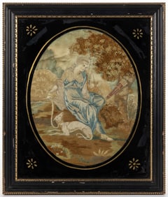 AMERICAN / BRITISH MYTHOLOGICAL SILK-EMBROIDERED NEEDLEWORK PICTURE OF DIANA