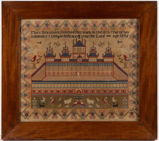 BRITISH SOLOMON'S TEMPLE LARGE PICTORIAL NEEDLEWORK SAMPLER