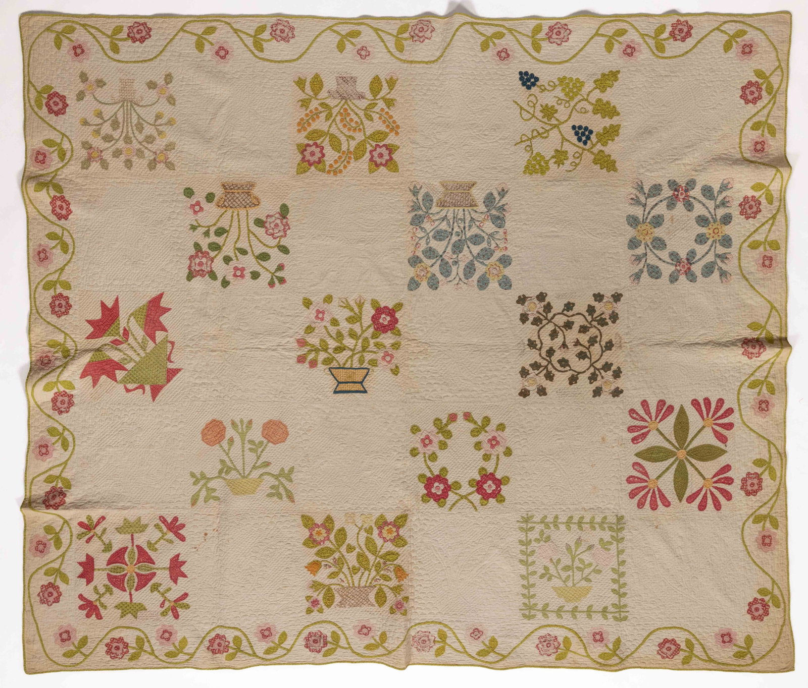 VIRGINIA AND NOW WEST VIRGINIA BOTANICAL APPLIQUE FRIENDSHIP / ALBUM QUILT: VIRGINIA AND NOW WEST VIRGINIA BOTANICAL APPLIQUE FRIENDSHIP / ALBUM QUILT, hand-stitched, completed in polychrome print and solid fabrics, colors including green, red, pink, orange, and blue, on