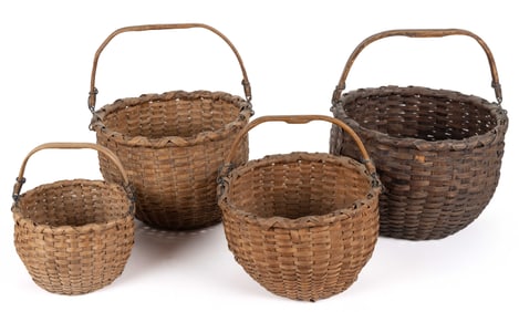 NEW ENGLAND, POSSIBLY NEW HAMPSHIRE SHAKER, STAVE-TYPE WOVEN-SPLINT BASKETS, GRADUATED SET OF FOUR