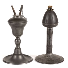 AMERICAN ASSORTED PEWTER AND SHEET-IRON / TIN WHALE OIL / FLUID STAND LAMPS, LOT OF TWO