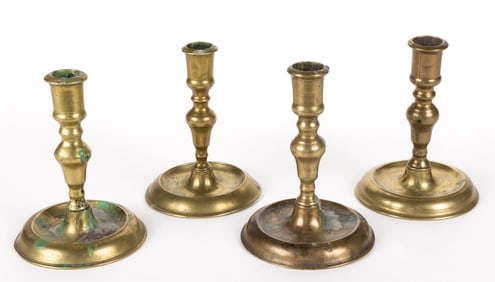 ASSORTED ENGLISH DIMINUTIVE BRASS TAPER / CANDLE STICKS, NEAR SET OF FOUR
