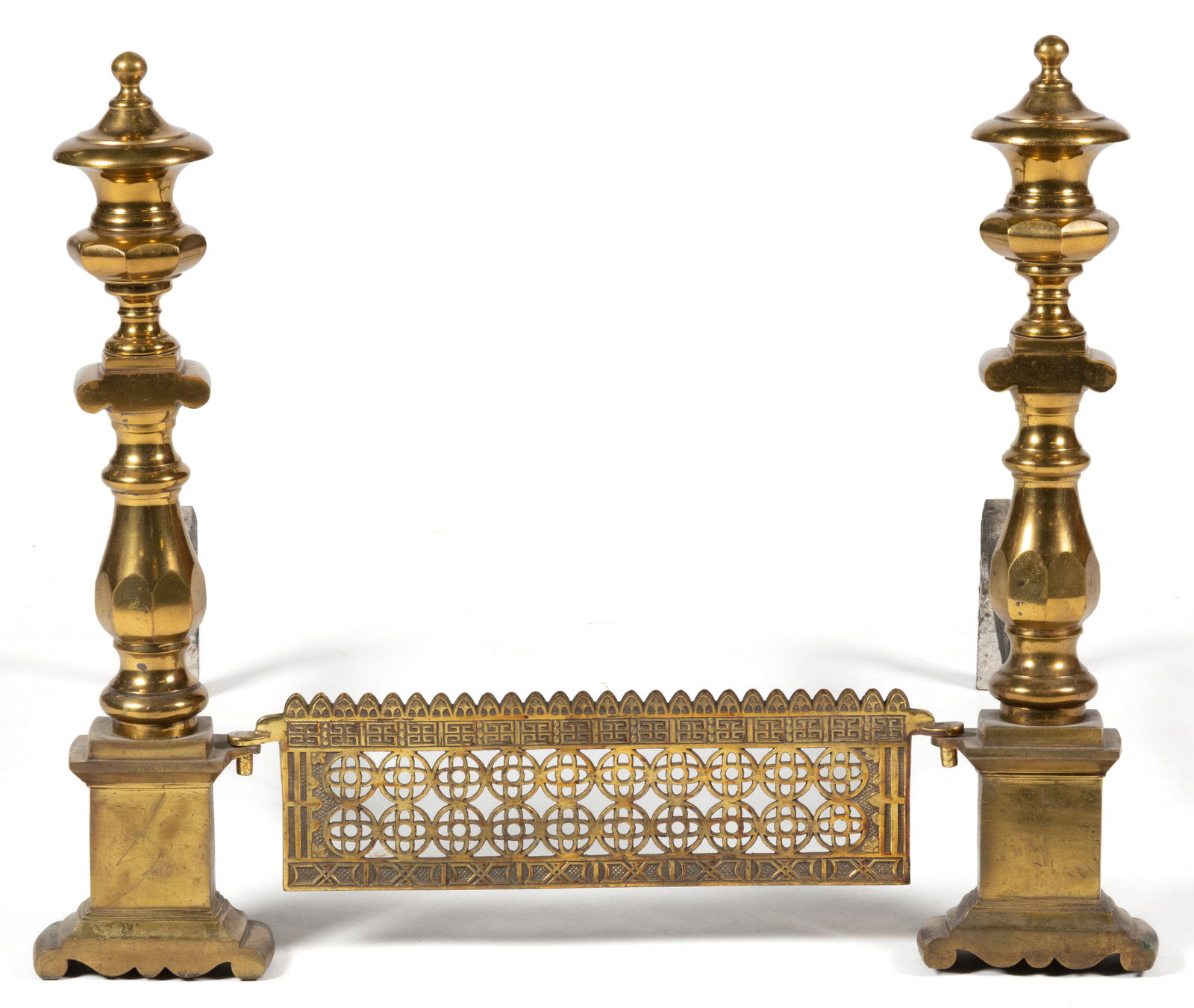 CHARLESTON, SOUTH CAROLINA, ASSOCIATED NEOCLASSICAL-EMPIRE PAIR OF BRASS FIREPLACE ANDIRONS (1 of 2)