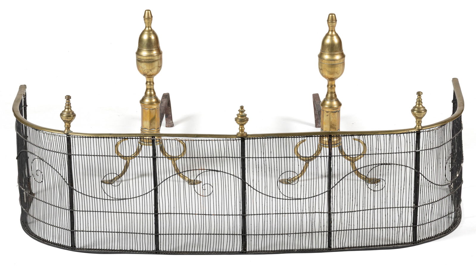 BRASS AND IRON FIREPLACE ANDIRONS AND FENDER ASSEMBLY, SET OF THREE ARTICLES (1 of 3)