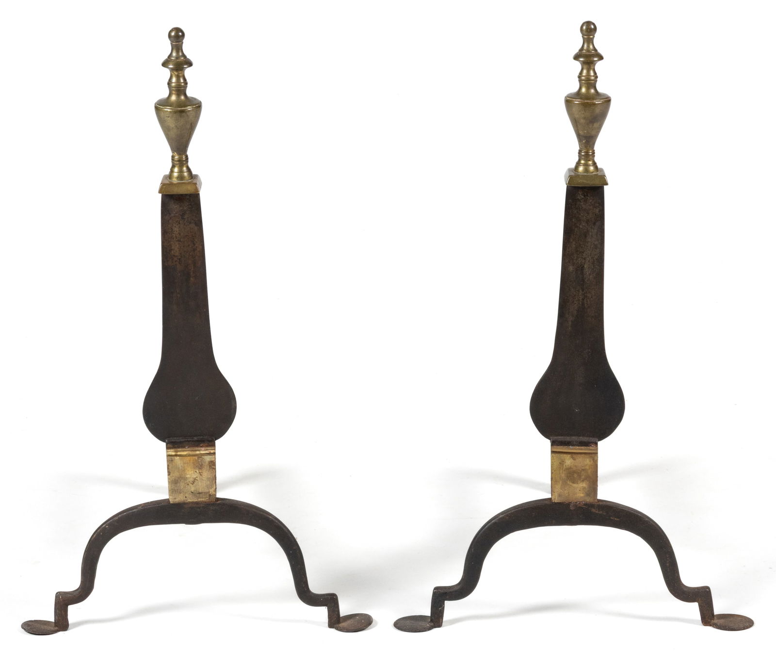 SIGNED N. STARR (CONNECTICUT) WROUGHT-IRON AND BRASS KNIFE-BLADE FIREPLACE ANDIRONS, PAIR (1 of 2)