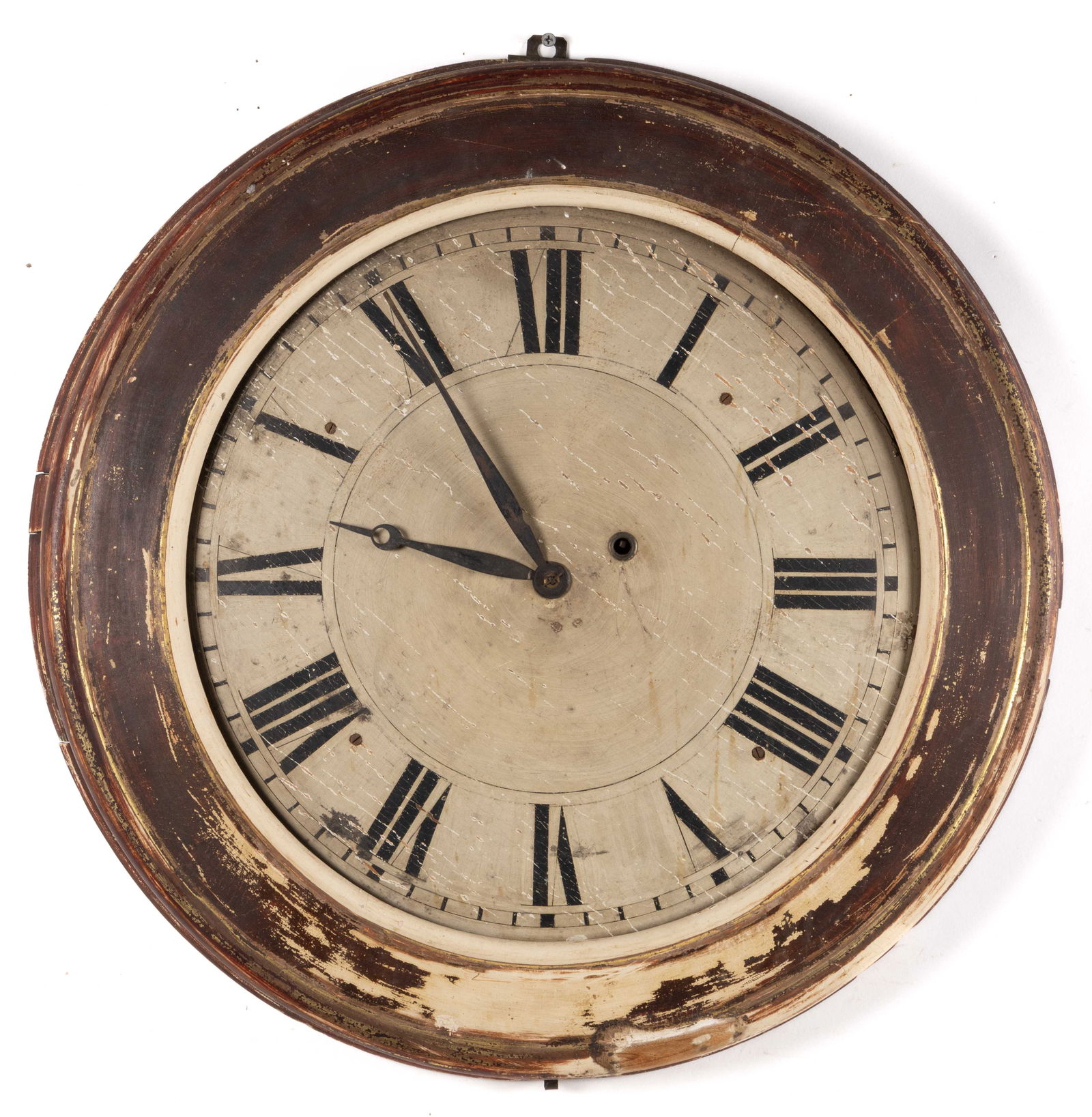 AMERICAN PARCEL-GILT INSTITUTIONAL / PUBLIC WALL CLOCK: AMERICAN PARCEL-GILT INSTITUTIONAL / PUBLIC WALL CLOCK, eight-day brass works, nearly in the form of a pocket watch having a convex paint-decorated wooden face surrounded by a round molded giltwood fr