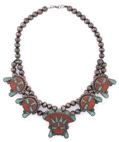SOUTHWESTERN NATIVE AMERICAN SILVER AND CHIP INLAY KACHINA SQUASH BLOSSOM-TYPE CHOKER NECKLACE