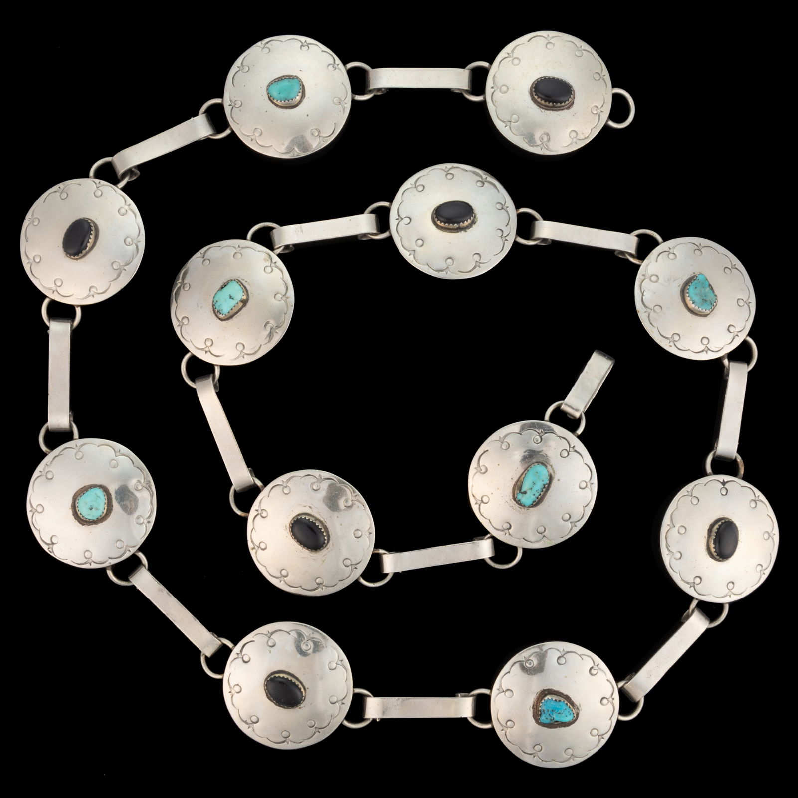 NATIVE AMERICAN NAVAJO-ATTRIBUTED SILVER AND STONE CONCHO BELT (1 of 2)