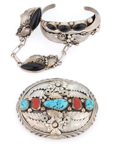 NATIVE AMERICAN NAVAJO STERLING SILVER AND STONE JEWELRY, LOT OF TWO