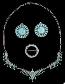 NATIVE AMERICAN NAVAJO AND ZUNI SILVER AND TURQUOISE JEWELRY, LOT OF FOUR PIECES