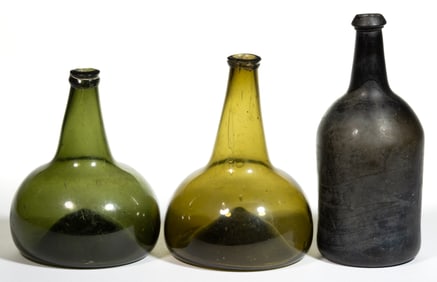 ASSORTED FREE-BLOWN BLACK GLASS UTILITY BOTTLES, LOT OF THREE