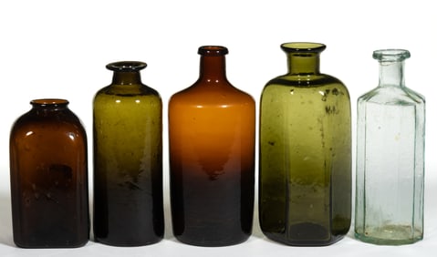 ASSORTED BLOWN UTILITY BOTTLES, LOT OF FIVE