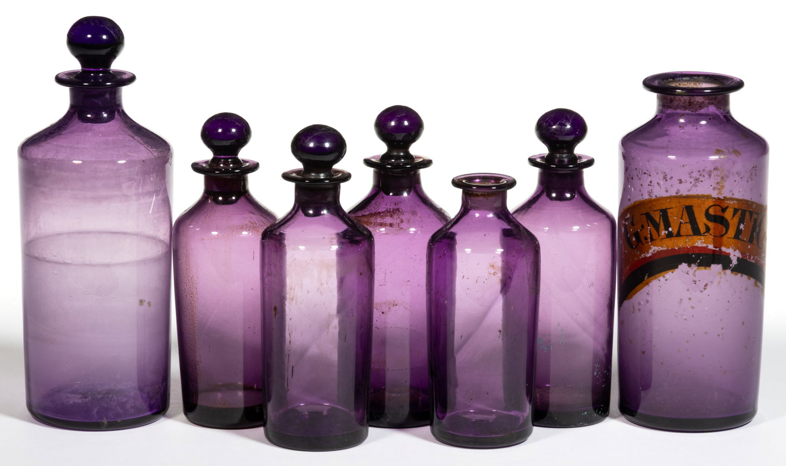 ENGLISH / FRENCH FREE-BLOWN APOTHECARY BOTTLES, LOT OF SEVEN (1 of 1)