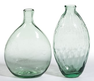 FREE-BLOWN AND PATTERN-MOLDED POCKET FLASKS, LOT OF TWO